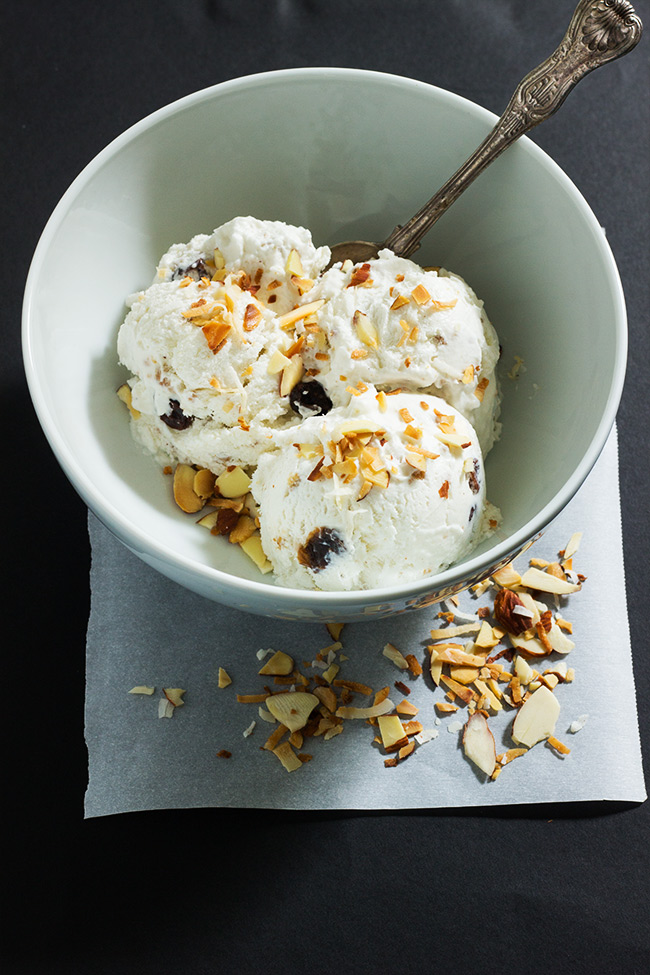 This easy rum raisin ice-cream is super creamy. The grape nut adds crunch and the raisins are overly plumped. Did I mention that this is a no churn recipe?
