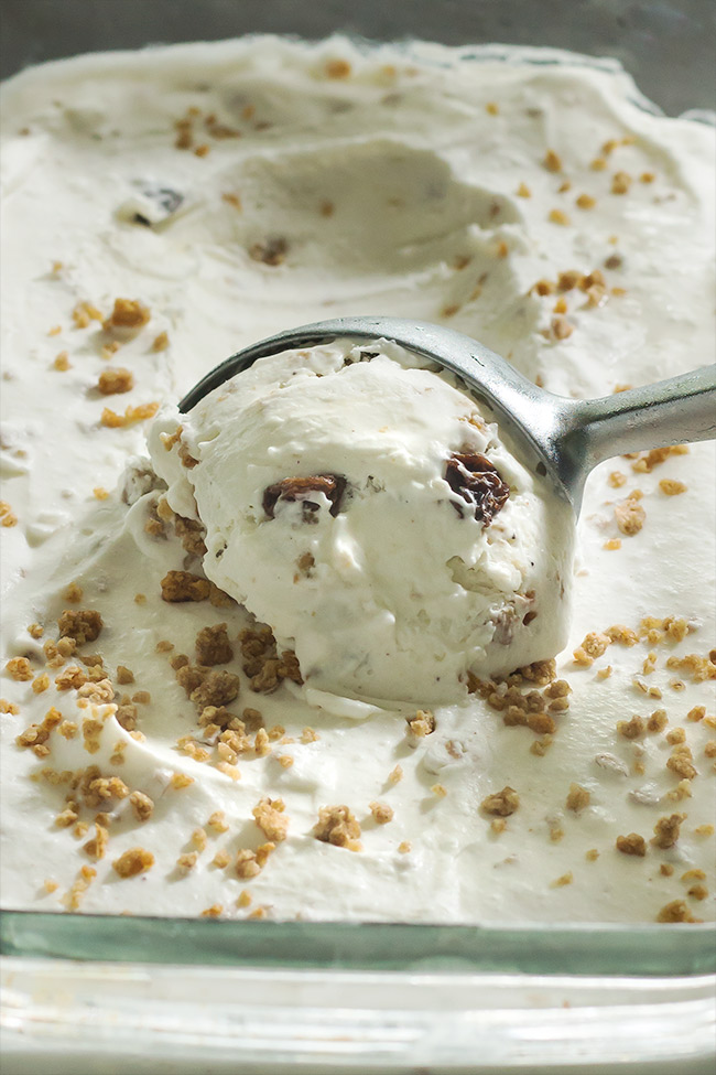 This easy rum raisin ice-cream is super creamy. The grape nut adds crunch and the raisins are overly plumped. Did I mention that this is a no churn recipe?