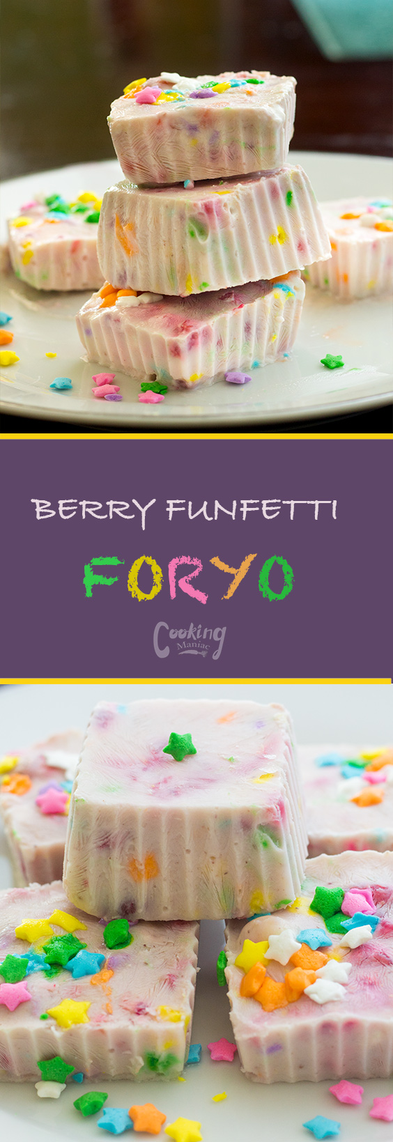 This berry funfetti froyo is super simple to make. All you need to make this is: Annie's Organic yogurt, Berries, Confetti candy, and marshmallows. Booya!
