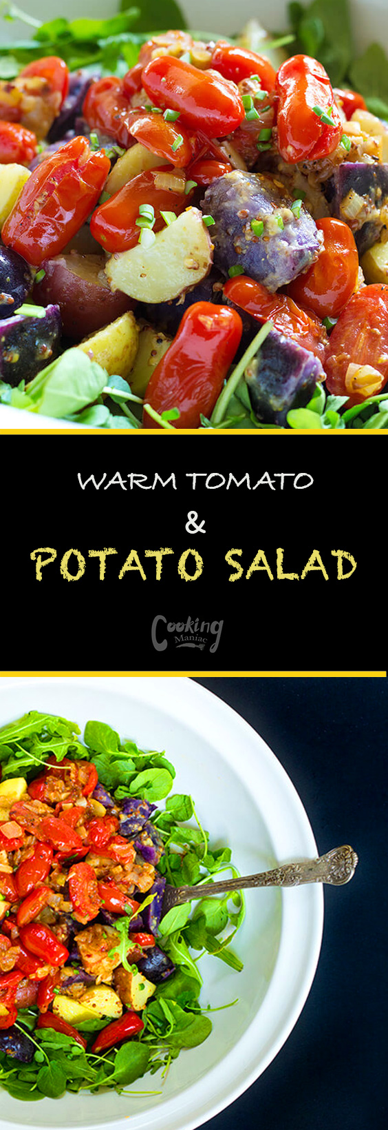 Warm tomato and potato salad is one of my favorite salads of all time. Vegetables are generously tossed in a mustard vinaigrette and served over a mix salad.