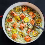 I decided to start this week off strong. I decided that I would go rogue and cook whatever my heart fancied. And you know what I came up with??!!! A creamy salmon spinach artichoke risotto. It was on the table in just 30 minutes. A real crowd pleaser – the kids went a little bonkers!