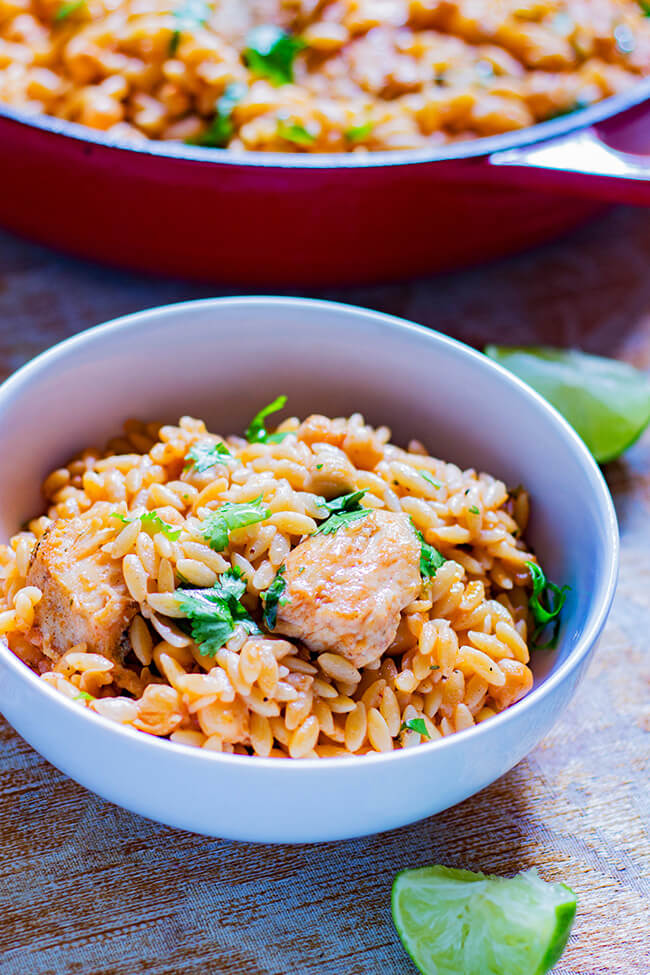 One pot Chicken Chickpeas and Orzo has tons of protein and fiber but without that wretched diet feel. It was the perfect light but filling 30 minute dinner.