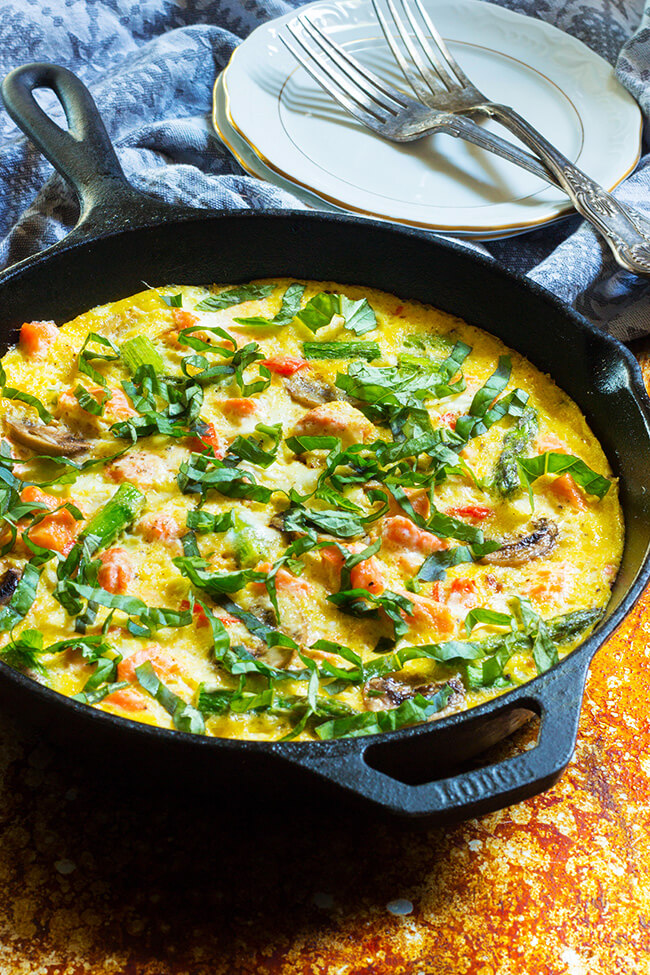 This Salmon Asparagus Mushroom Frittata recipe is perfect for brunch or a quick almost lazy dinner option.